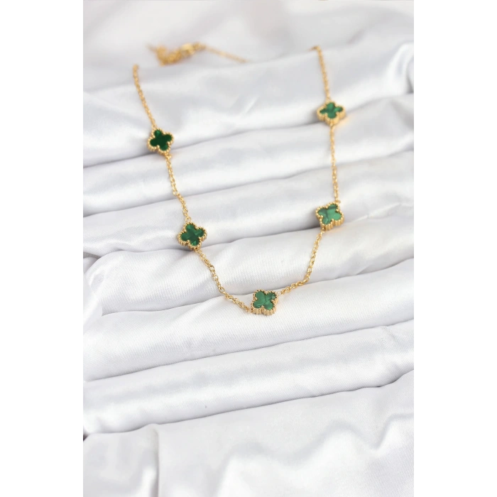 316L Çelik Zincir Gold Renk Yeşil Baby Boy Yonca Kadın Kolye