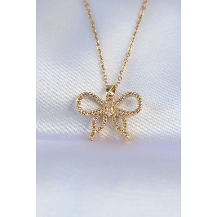 316L Çelik Zincir Gold Renk Zirkon Taşlı Fiyonk Kolye