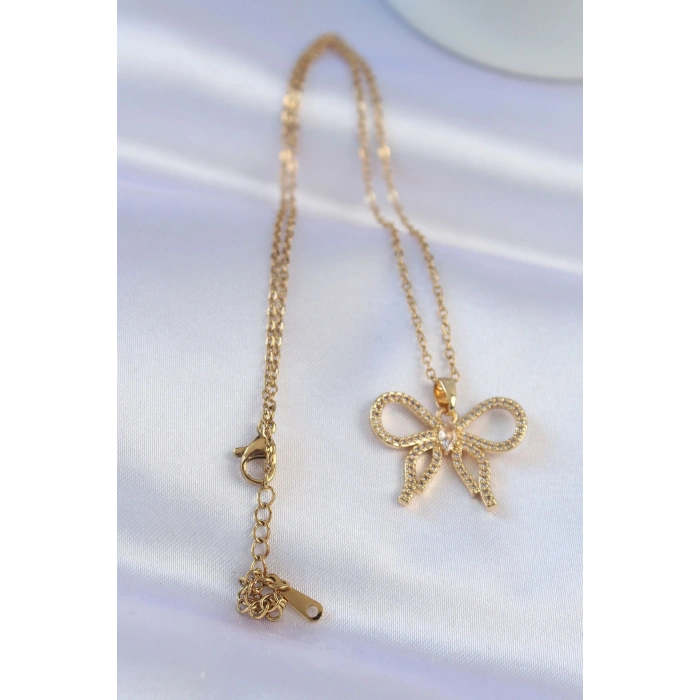 316L Çelik Zincir Gold Renk Zirkon Taşlı Fiyonk Kolye