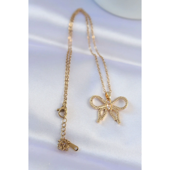 316L Çelik Zincir Gold Renk Zirkon Taşlı Fiyonk Kolye