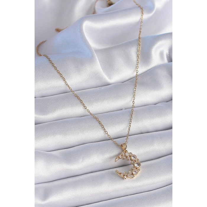 316L Çelik Zincir Gold Renk Zirkon Taşlı Hilal Model Kadın Kolye