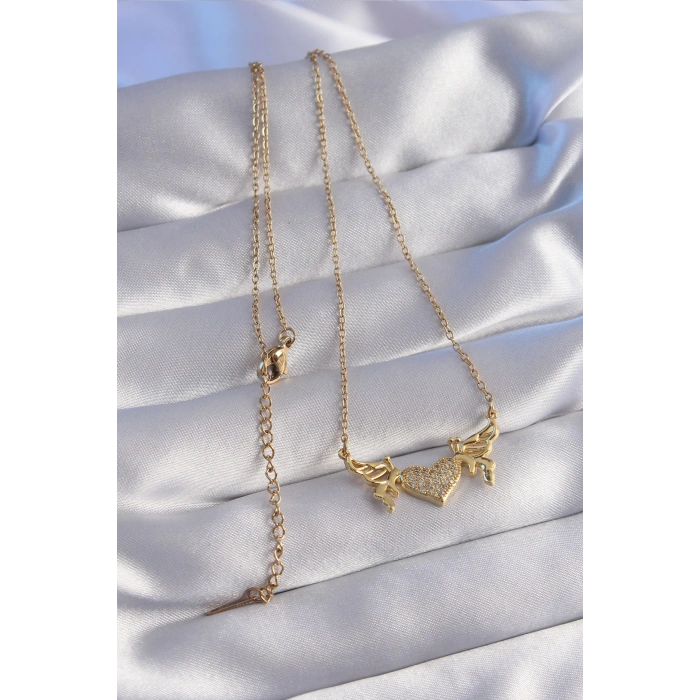 316L Çelik Zincir Gold Renk Zirkon Taşlı Kalp Model Kelebek Detay Kolye