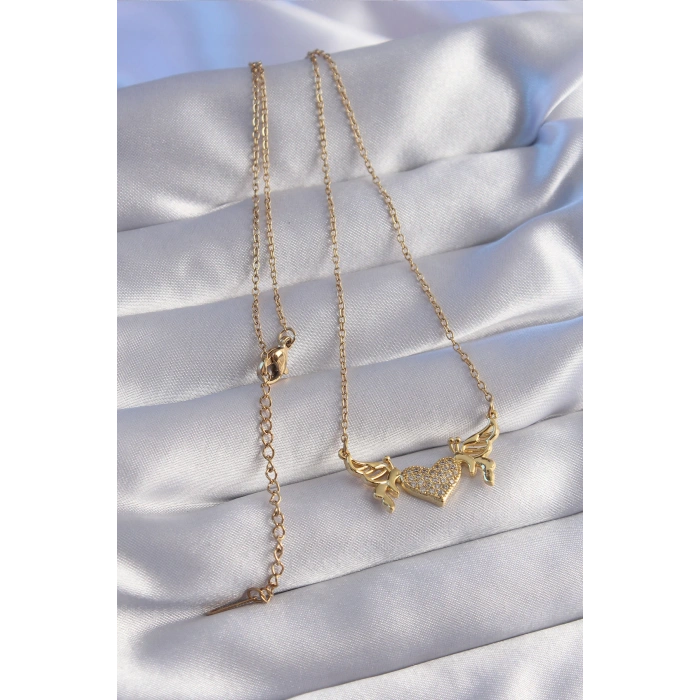 316L Çelik Zincir Gold Renk Zirkon Taşlı Kalp Model Kelebek Detay Kolye