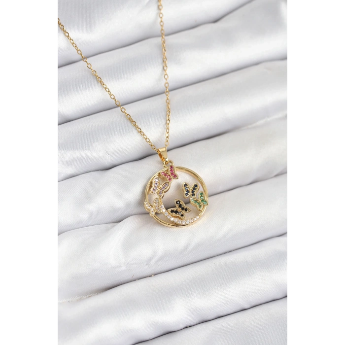 316L Çelik Zincir Gold Renk Zirkon Taşlı Kelebekli Kadın Kolye