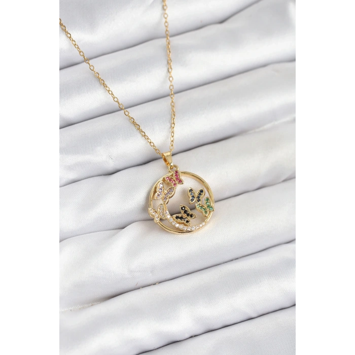 316L Çelik Zincir Gold Renk Zirkon Taşlı Kelebekli Kadın Kolye