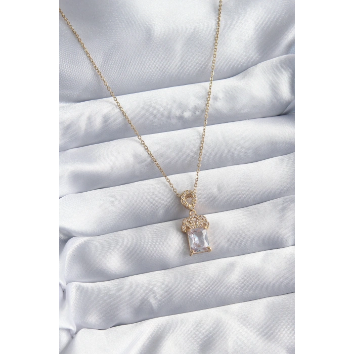 316L Çelik Zincir Gold Renk Zirkon Taşlı Taç Model Kadın Kolye