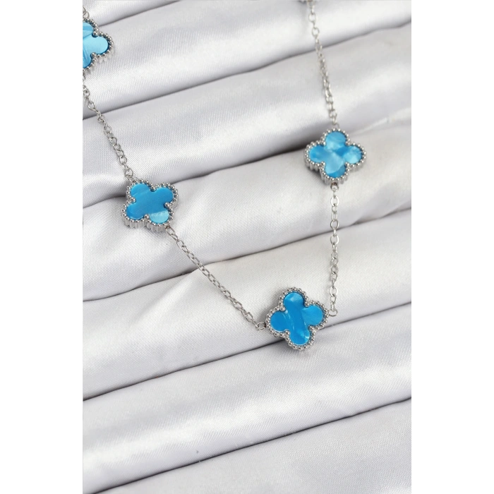 316L Çelik Zincir Gümüş Buz Mavisi Renk Yonca Kadın Kolye