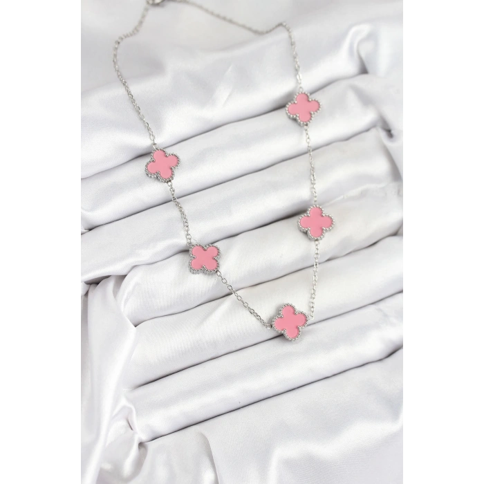 316L Çelik Zincir Gümüş Pembe Renk Yonca Kadın Kolye