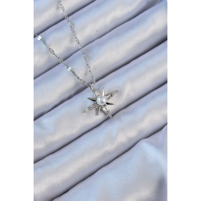 316L Çelik Zincir Gümüş Renk Baget Taşlı İnci Detay Kutup Yıldızı Kolye