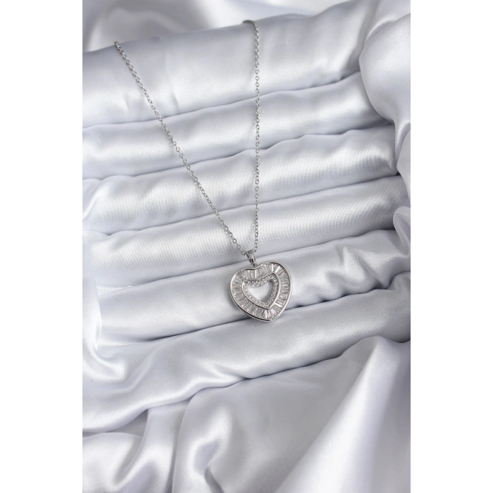 316L Çelik Zincir Gümüş Renk Baget Zirkon Taşlı Kadın Kolye