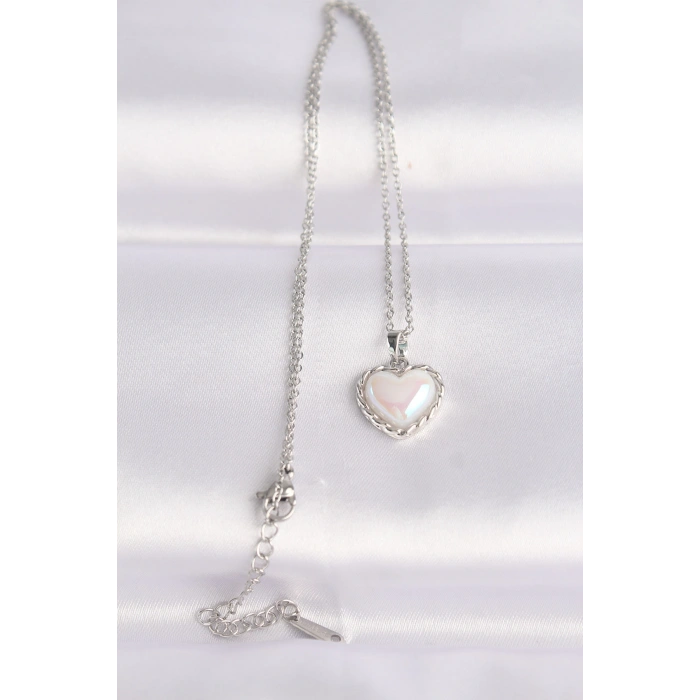 316L Çelik Zincir Gümüş Renk Beyaz Taşlı Bombeli Kalp Kolye