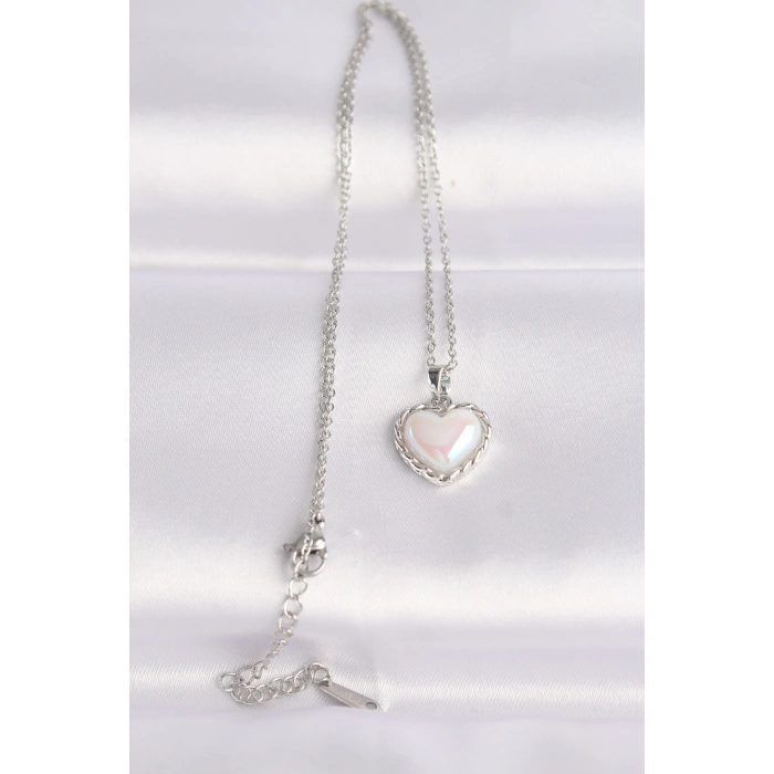 316L Çelik Zincir Gümüş Renk Beyaz Taşlı Bombeli Kalp Kolye