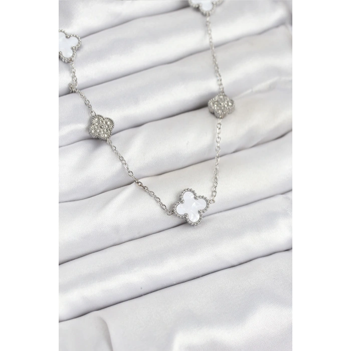 316L Çelik Zincir Gümüş Renk Beyaz ve Zirkon Taşlı Yonca Kadın Kolye