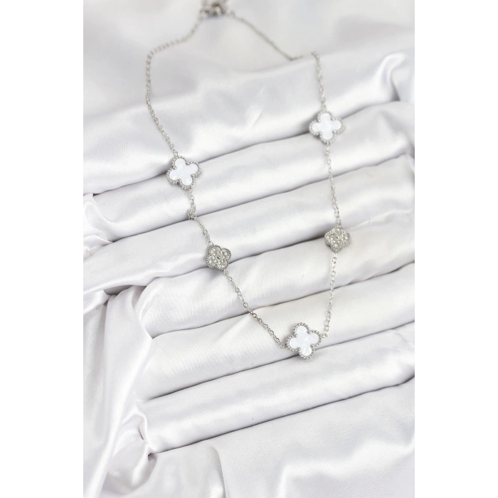 316L Çelik Zincir Gümüş Renk Beyaz ve Zirkon Taşlı Yonca Kadın Kolye