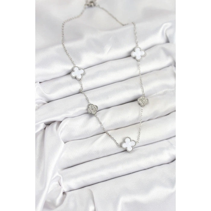 316L Çelik Zincir Gümüş Renk Beyaz ve Zirkon Taşlı Yonca Kadın Kolye