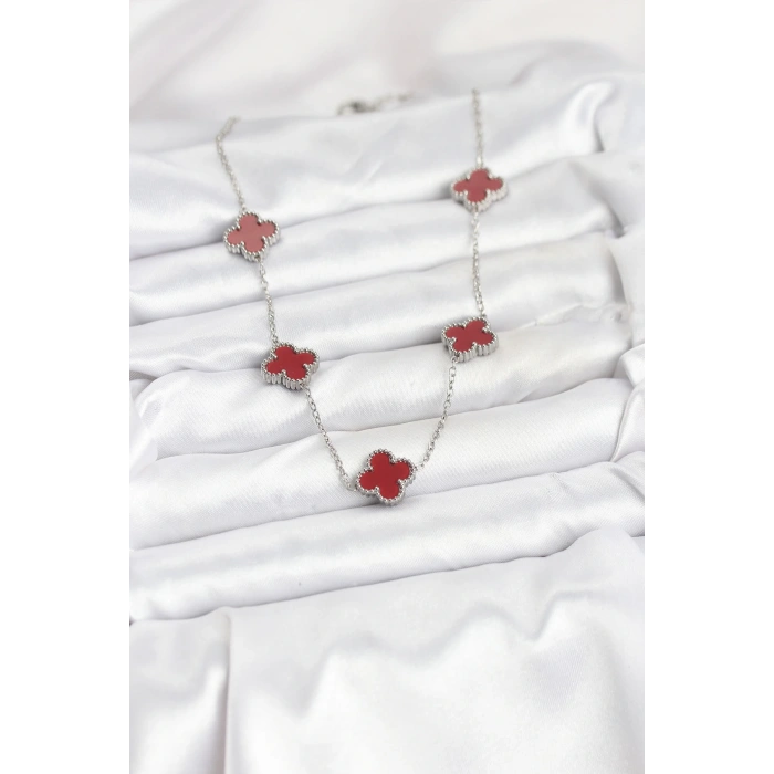 316L Çelik Zincir Gümüş Renk Bordo Renk Yonca Kadın Kolye