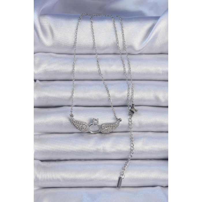 316L Çelik Zincir Gümüş Renk Kanatlı Tektaş Kolye