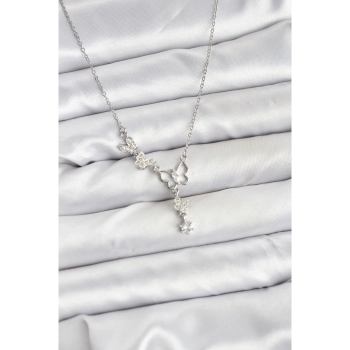 316L Çelik Zincir Gümüş Renk Kelebek Model Kadın Kolye