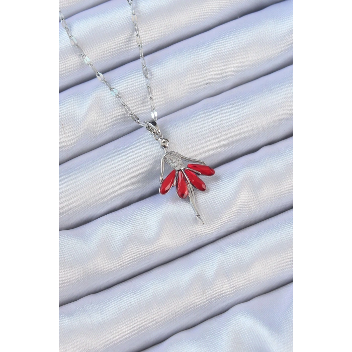 316L Çelik Zincir Gümüş Renk Kırmızı Etekli Zirkon Taşlı Balerin Kolye