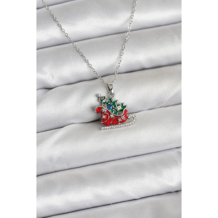 316L Çelik Zincir Gümüş Renk Kızak ve Çam Ağacı Figürlü Yılbaşı Temalı Kadın Kolye