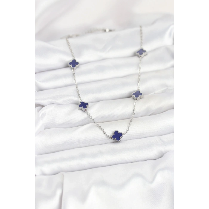 316L Çelik Zincir Gümüş Renk Lacivert Baby Boy Yonca Kadın Kolye