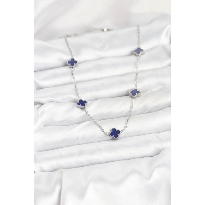 316L Çelik Zincir Gümüş Renk Lacivert Baby Boy Yonca Kadın Kolye