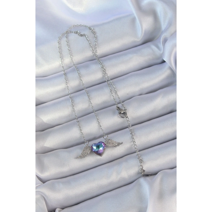 316L Çelik Zincir Gümüş Renk Mavi Mor Zirkon Taşlı Kanatlı Kalp Kolye