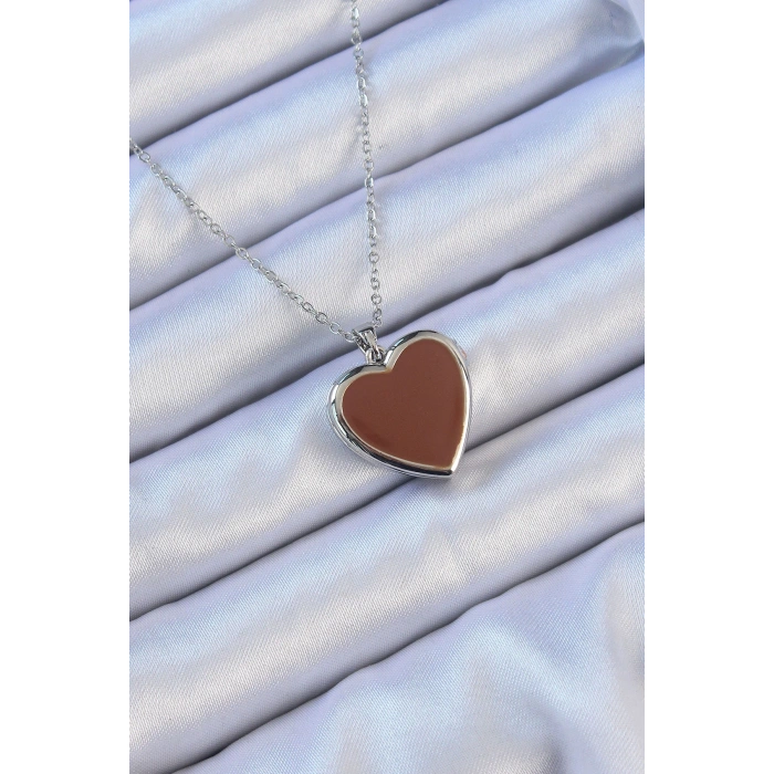 316L Çelik Zincir Gümüş Renk Mineli İçi Açılan Kalp Kolye