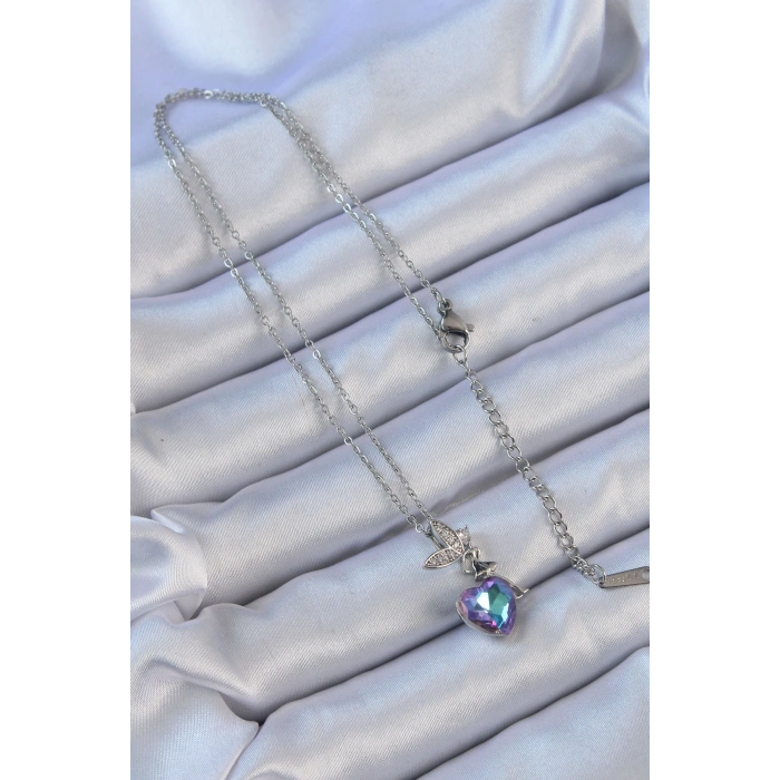 316L Çelik Zincir Gümüş Renk Mor Mavi Renk Zirkon Taşlı Kalp Detay Peri Kolye