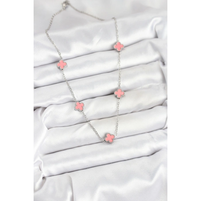 316L Çelik Zincir Gümüş Renk Pembe Baby Boy Yonca Kadın Kolye