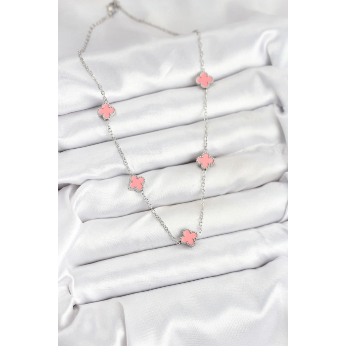 316L Çelik Zincir Gümüş Renk Pembe Baby Boy Yonca Kadın Kolye