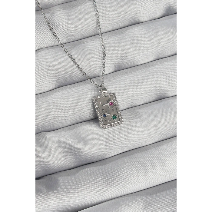 316L Çelik Zincir Gümüş Renk Renkli Zirkon Taşlı Vintage Kolye