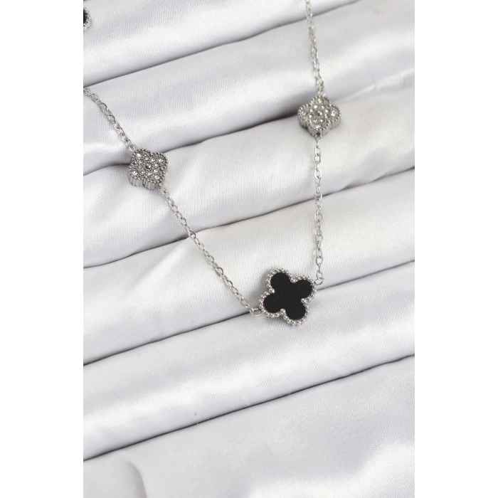316L Çelik Zincir Gümüş Renk Siyah ve Zirkon Taşlı Yonca Kadın Kolye