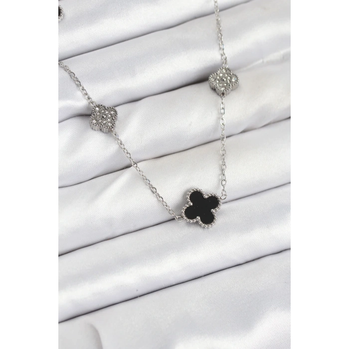 316L Çelik Zincir Gümüş Renk Siyah ve Zirkon Taşlı Yonca Kadın Kolye