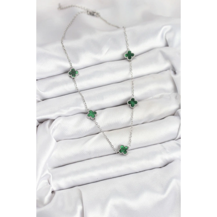 316L Çelik Zincir Gümüş Renk Yeşil Baby Boy Yonca Kadın Kolye