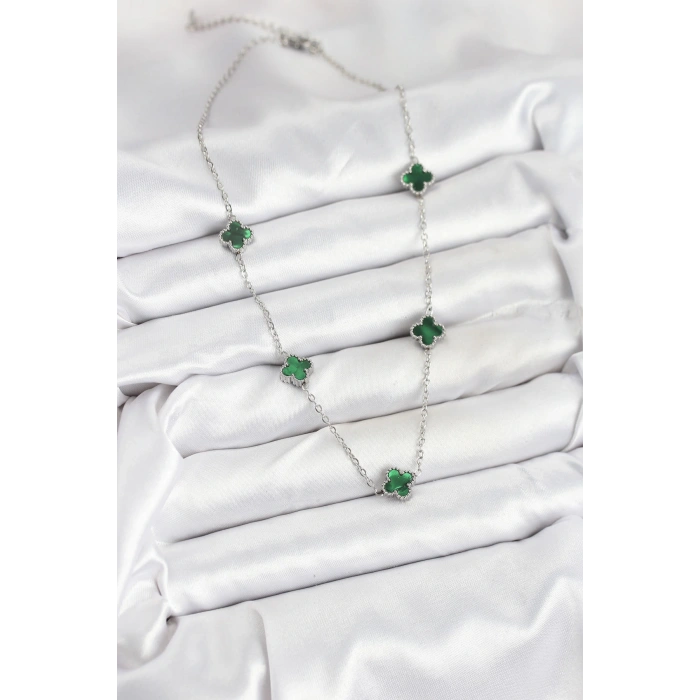 316L Çelik Zincir Gümüş Renk Yeşil Baby Boy Yonca Kadın Kolye