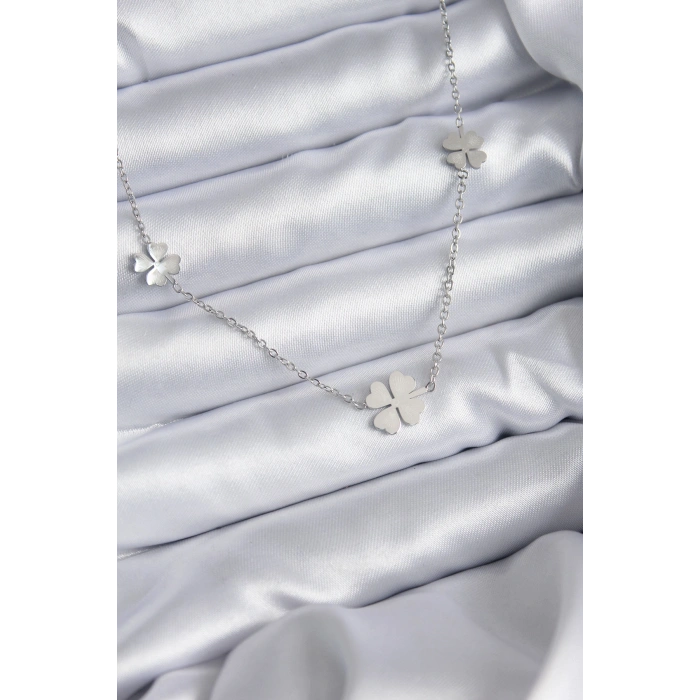 316L Çelik Zincir Gümüş Renk Yonca Model Kadın Kolye