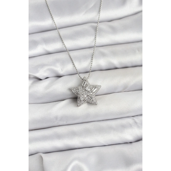 316L Çelik Zincir Gümüş Renk Zincirli Gümüş Yıldız Model Kadın Kolye