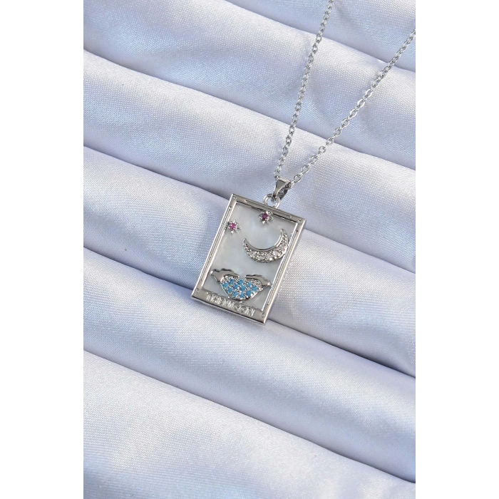 316L Çelik Zincir Gümüş Renk Zirkon Taşlı Ay Figürlü Tarot Kolye