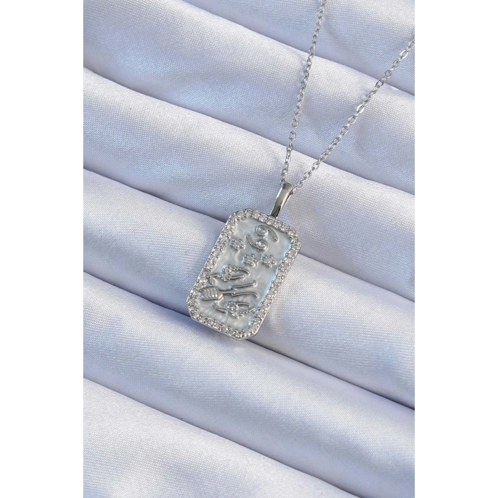 316L Çelik Zincir Gümüş Renk Zirkon Taşlı Çerçeveli Tarot Kolye