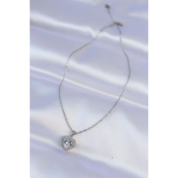 316L Çelik Zincir Gümüş Renk Zirkon Taşlı Charm Kalp Kolye