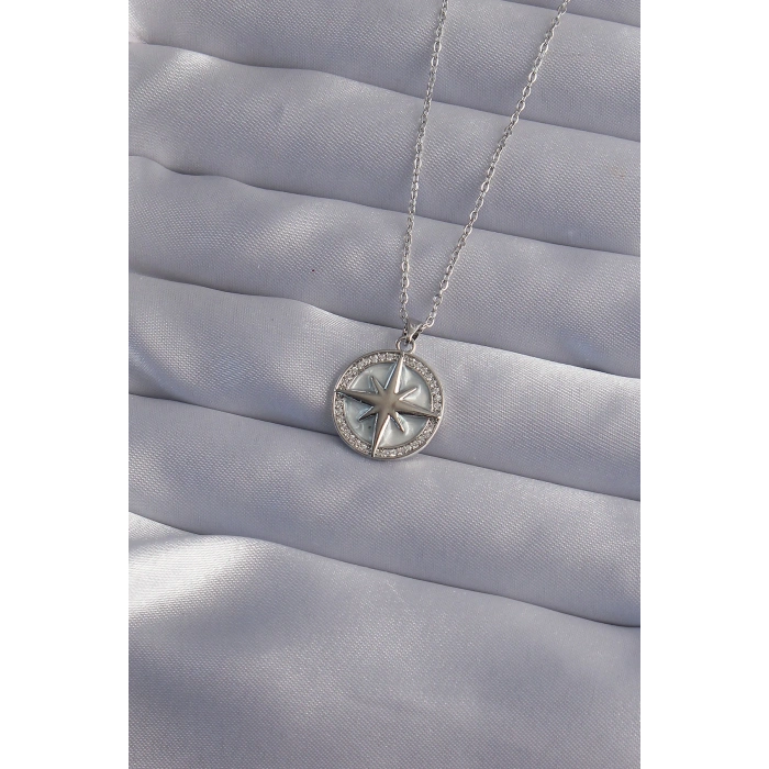 316L Çelik Zincir Gümüş Renk Zirkon Taşlı Kutup Yıldızı Kolye