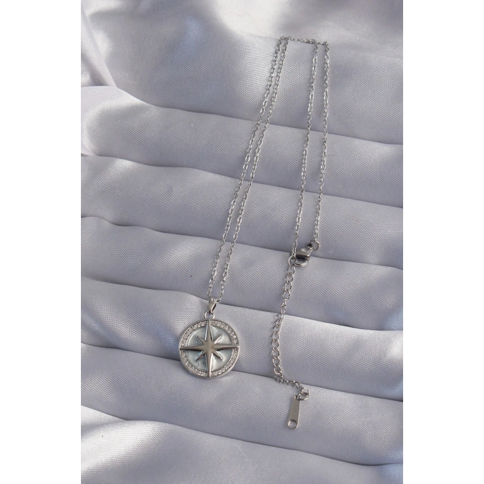 316L Çelik Zincir Gümüş Renk Zirkon Taşlı Kutup Yıldızı Kolye