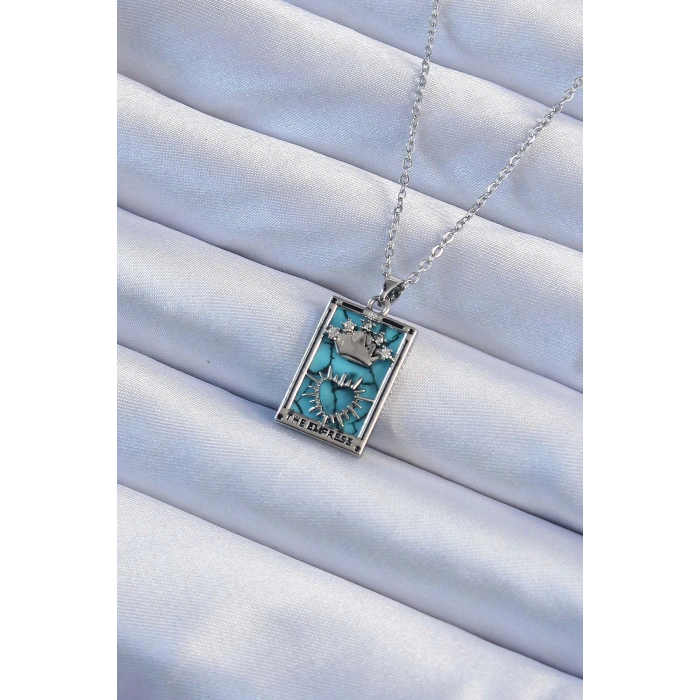 316L Çelik Zincir Gümüş Renk Zirkon Taşlı Mavi Mermer Desenli Taç Model Tarot Kolye