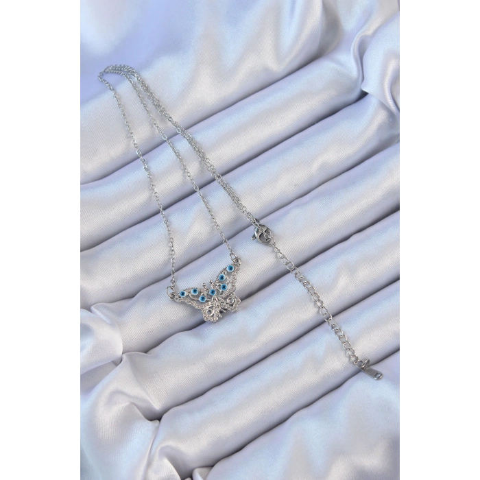316L Çelik Zincir Gümüş Renk Zirkon Taşlı Nazarlı Kelebek Kolye