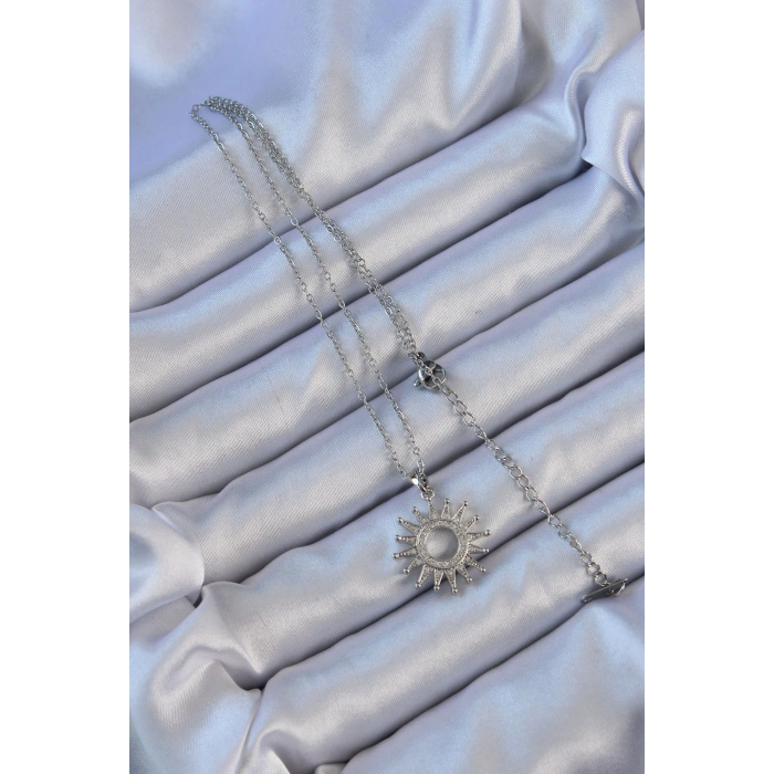 316L Çelik Zincir Gümüş Renk Zirkon Taşlı Parlayan Güneş Kolye