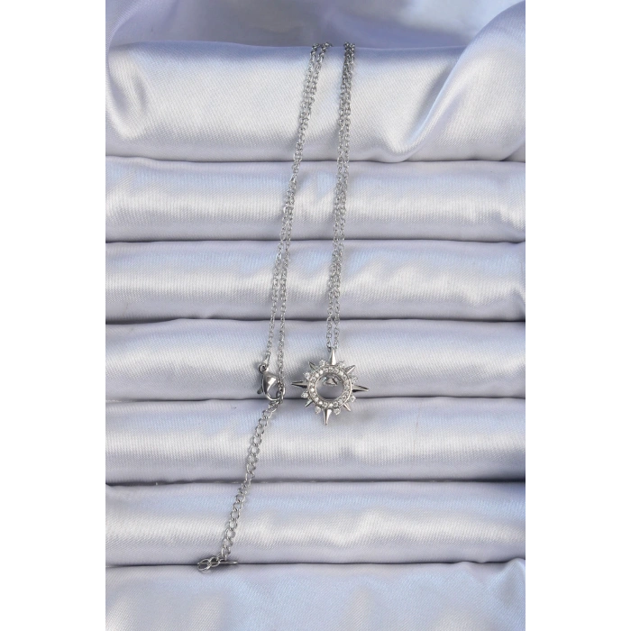 316L Çelik Zincir Gümüş Renk Zirkon Taşlı Parlayan Yıldız Kolye