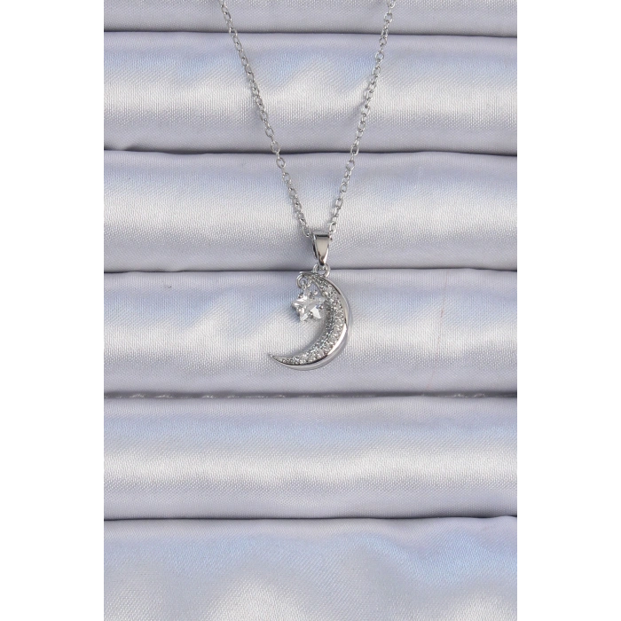 316L Çelik Zincir Gümüş Renk Zirkon Taşlı Sallantılı Ay Yıldız Kolye