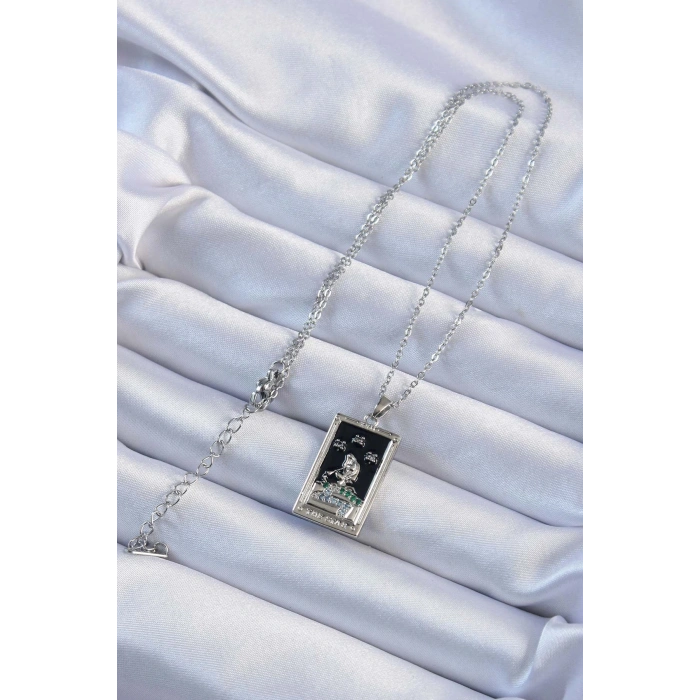 316L Çelik Zincir Gümüş Renk Zirkon Taşlı Siyah Mineli Kız Figürlü Tarot Kolye