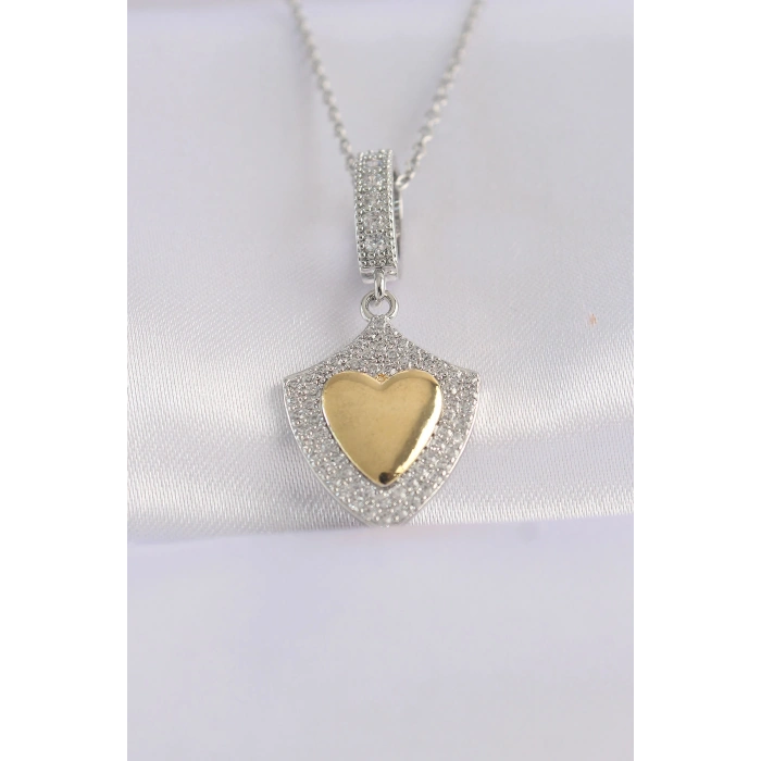316L Çelik Zincir Gümüş Renk Zirkon Taşlı Tasarım Altın Renk Kalp Kolye